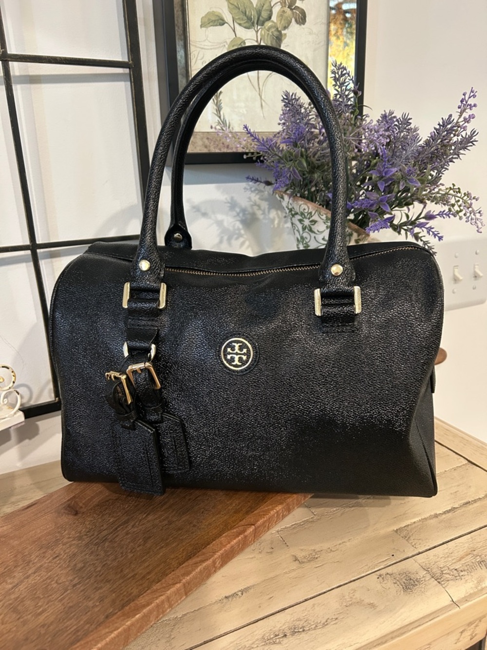 Tory Burch Black Pebble Leather Double-Handle Satchel with Gold Hardware